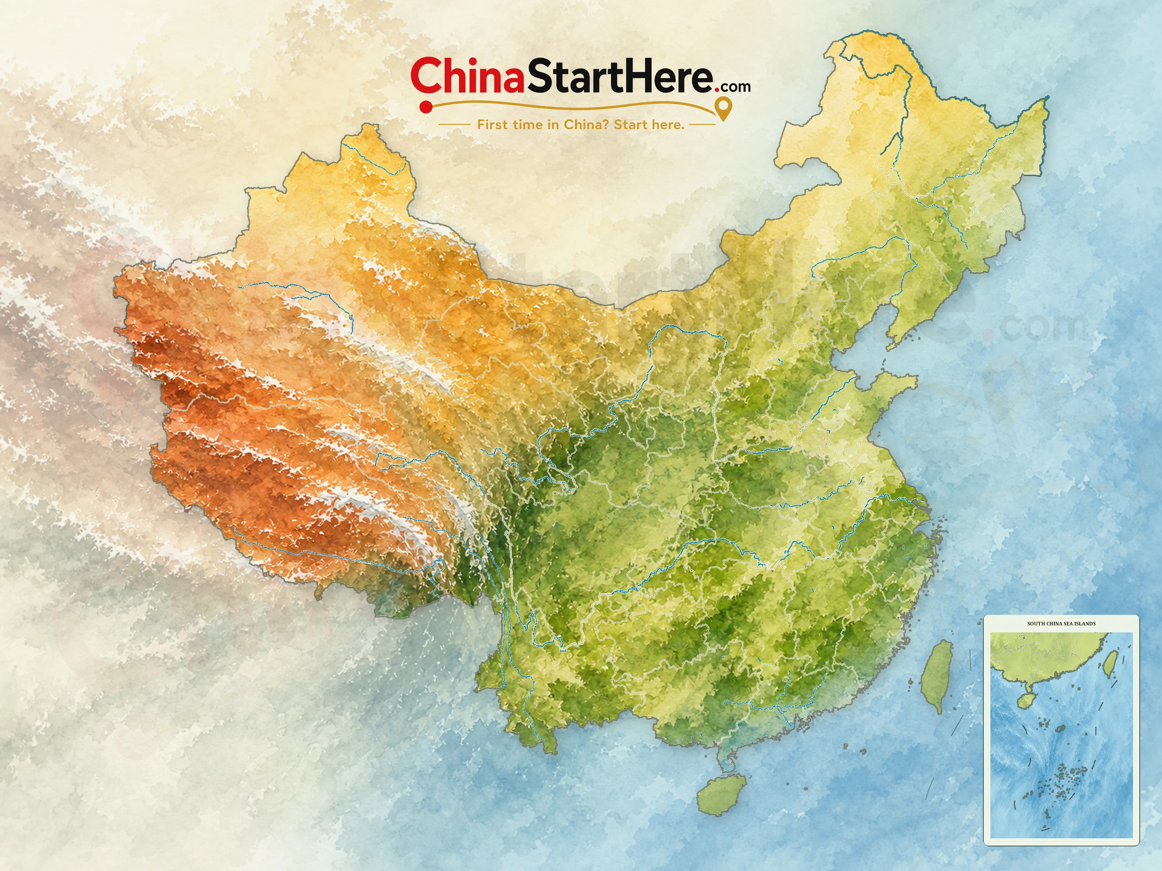 Watercolor map of China with provincial boundaries, major rivers, Taiwan, and a South China Sea Islands inset